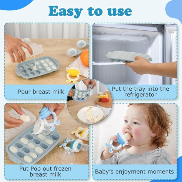 Chupetas |   Moldes de Picolé de Leite Materno para Bebês & Alimentador de Frutas para Bebês – Bandeja de Silicone para Congelar Alimentos para Bebês, Alimentador de Paciência e Mordedor para Bebês Chupetas Azul