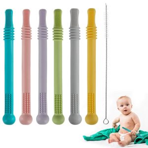 Chupetas |   Tubo de Mordedor Oco – Pacote com 6 Canudos de Mastigar para Bebês e Crianças Pequenas – Tubos de Silicone para Alívio de Dentição para Bebês de 3 a 12 Meses – Livre de BPA / Congelável / Seguro para Lava-Louças e Refrigerador Chupetas Chupetas