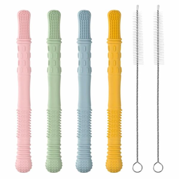 Chupetas |   Tubo de Mordedor para Bebês – Brinquedos de Dentição – Pacote com 4 Bastões de Silicone Ocos para Bebês de 0 a 36 Meses – Brinquedo de Canudo para Alívio da Dentição – Tubos de Dentição para Bebês – Presentes para Meninas e Meninos. Chupetas Azul, Rosa, Amarelo, Verde