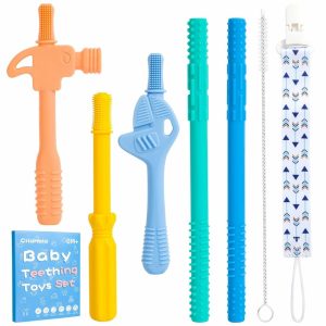 Chupetas |   Tubo Mordedor Oco Canudos de Mastigar para Bebês de 6 a 12 Meses Silicone Livre de BPA Mordedores de Silicone para Bebês Brinquedos de Mastigação Pacote com 5 Brinquedos de Dentição em Forma de Martelo e Chave de Fenda Presente para Meninos e Meninas Chupetas Chupetas