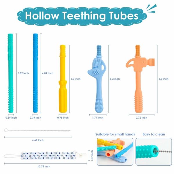 Chupetas |   Tubo Mordedor Oco Canudos de Mastigar para Bebês de 6 a 12 Meses Silicone Livre de BPA Mordedores de Silicone para Bebês Brinquedos de Mastigação Pacote com 5 Brinquedos de Dentição em Forma de Martelo e Chave de Fenda Presente para Meninos e Meninas Chupetas Chupetas