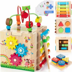 Cubos de Atividades |   Cubo de Atividades de Madeira | Brinquedos Montessori 8 em 1 para Crianças a Partir de 1 Ano | Presentes de Primeiro Aniversário para Meninos e Meninas | Conjunto de Brinquedos Educativos para Bebês com Bônus de Tabuleiro de Classificação e Empilhamento Cubos de Atividades Cubos de Atividades