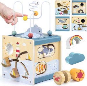 Cubos de Atividades |   Cubo de Atividades de Madeira Brinquedos Montessori para Bebês de 1 Ano 12 Meses + Brinquedos Educativos para Crianças de 1 a 3 Anos Meninos e Meninas Presente de Aniversário Sensorial Interativo Cubos de Atividades Cubos de Atividades