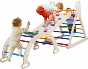 Escaladores Internos e Estruturas de Brincar |   Conjunto Pikler Triângulo 5 em 1 – Conjunto de Escalada Montessori para Bebês, Brinquedos de Escalada para Playground Interno, Grande Tamanho, Inclinação Ajustável de Escalada, Conjunto de Escalada de Madeira para Crianças de 0 a 8 Anos. Escaladores Internos e Estruturas de Brincar Arco-íris