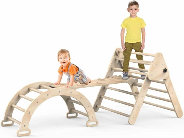 Escaladores Internos e Estruturas de Brincar |   Escada Triangular de Escalada Dobrável com Rampa para Escorregar ou Escalar – Conjunto de 3 Brinquedos de Madeira Seguros e Resistentes para Crianças – Academia de Brincadeiras Interna e Externa – Brinquedos de Escalada para Bebês Escaladores Internos e Estruturas de Brincar Cor de madeira clara