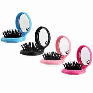 Escovas de Cabelo |   4 Pçs Escova de Cabelo Pocket com Espelho – Escova de Cabelo Redonda Dobrável para Viagem – Mini Pente Compacto para Massagem Capilar – Tamanho Ideal para Mulheres e Meninas Escovas de Cabelo Aleatório