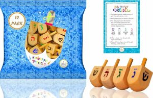 Piões |   Dreidels de Madeira para Hanukkah com Translitteração em Inglês e Cartões de Instrução (Pacote com 10) Piões Piões