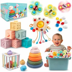 Brinquedos de Classificação e Empilhamento |   Brinquedos para Bebês 6 em 1 de 6 a 12 Meses – Brinquedo Montessori para Crianças de 1 a 3 Anos – Brinquedo para Bebês em Fase de Dentição – Blocos de Empilhar, Anéis, Brinquedo de Puxar, Classificador e Caixa Sensorial. Brinquedos de Classificação e Empilhamento Brinquedos de Classificação e Empilhamento