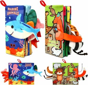 Brinquedos para Cadeira de Carro e Carrinho de Bebê |   2 Peças de Livros para Bebês – Brinquedos Montessori com Tema de Animais Fofos, Livros de Tecido para Bebês de 6 a 12 Meses, Brinquedos Sensoriais Macios e Almofadados com Alto Contraste, Presentes de Aprendizado Precoce para Meninos e Meninas. Brinquedos para Cadeira de Carro e Carrinho de Bebê Brinquedos para Cadeira de Carro e Carrinho de Bebê