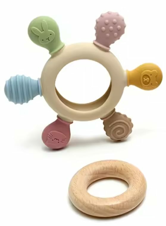 Chupetas |   Brinquedos de Dentição para Bebês – Mordedor de Silicone e Madeira de Bétula em Forma de Animal para Brincadeiras Sensoriais e de Desenvolvimento para Bebês e Crianças Pequenas – 100% Livre de BPA e Silicone de Grau Alimentício para 0M+ Chupetas Bege