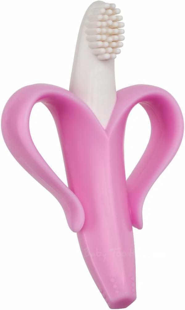 Chupetas |   O Brinquedo de Treinamento de Escova de Dentes Original para Bebês e Crianças; Alívio para o Desconforto das Gengivas; Massageia e Acalma; Silicone de Grau Alimentar Mais Seguro; Negócio Familiar nos EUA Chupetas Banana Rosa